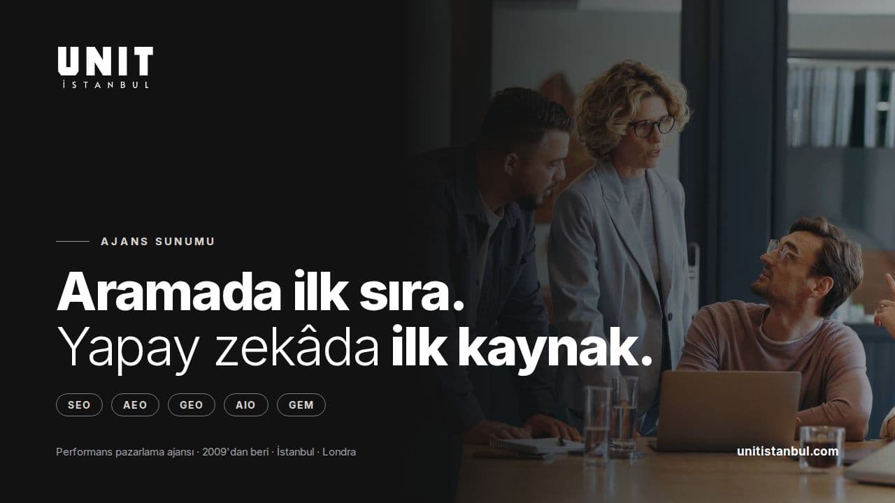 UNIT İstanbul ajans sunumu kapağı: Aramada ilk sıra. Yapay zekâda ilk kaynak.